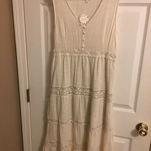 NWT Oddy Midi Length Off White Dress Crocheted Trim Size Small 100% Cotton Gauzy